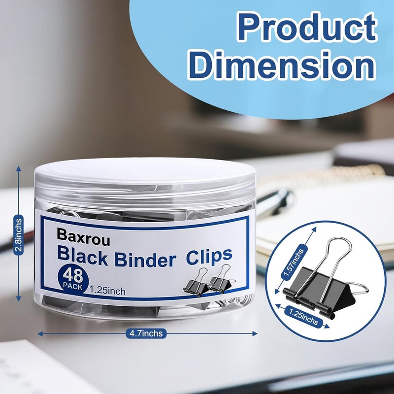 Baxrou Medium Binder Clips 1.25 Inch (48 Pack) with Container,Binder Clips Medium Size, Big Paper Clips Clamps, Clips for Paperwork, for Office and Home Supplies School, Black - Image 2